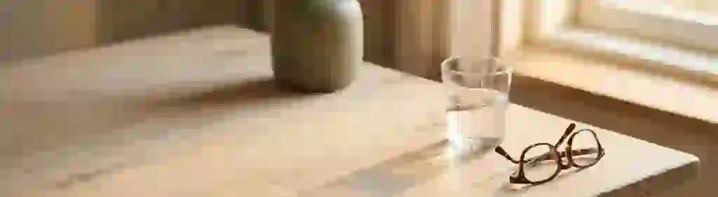 Очки и стакан воды на краю деревянного стола