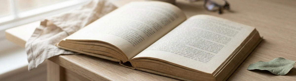 Раскрытая книга на столе у окна в утреннем свете