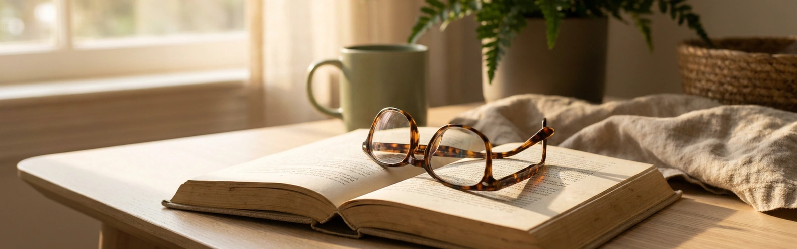 Очки для чтения лежат на раскрытой книге у окна